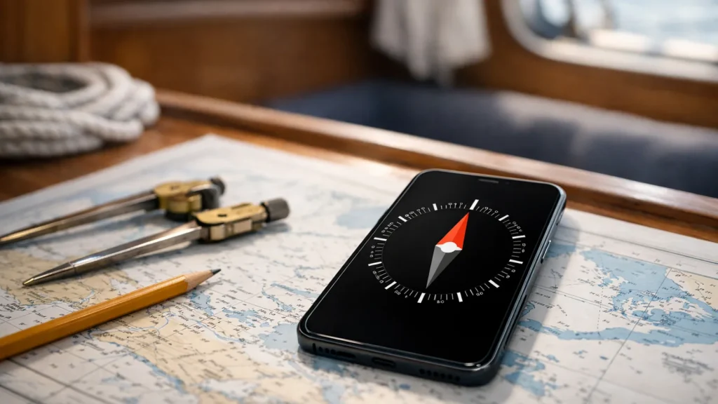 Téléphone affichant une boussole numérique sur une carte marine