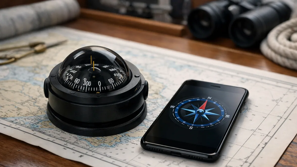 Compas magnétique et téléphone utilisés pour la navigation
