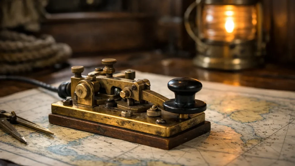 Manipulateur morse ancien posé sur une carte marine