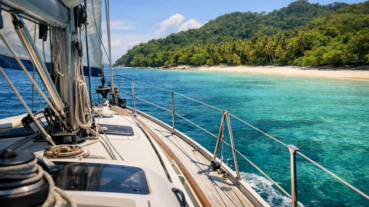 Voilier approchant une île paradisiaque