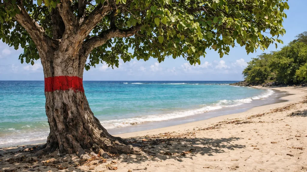Mancenillier sur une plage de Guadeloupe signalé par une marque rouge