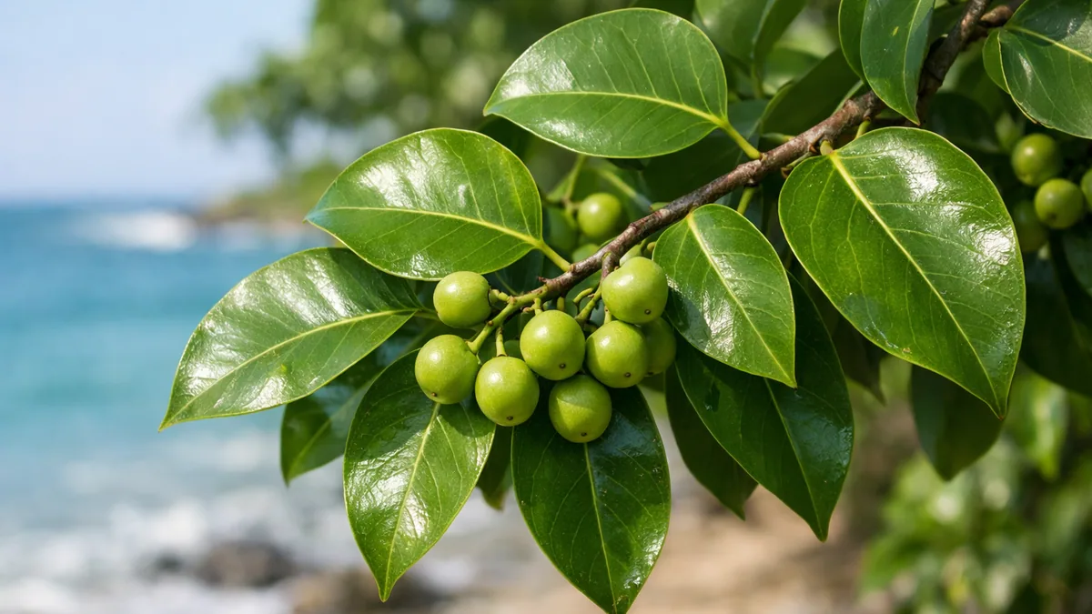 Feuilles et petits fruits verts du mancenillier