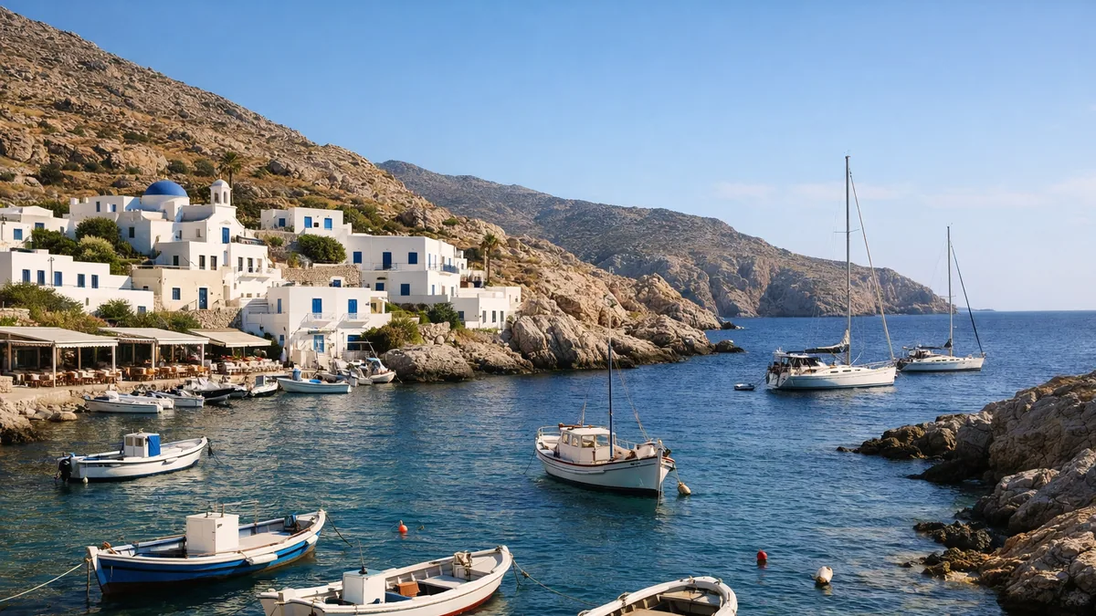 Petit port grec et voiliers dans une baie des Cyclades