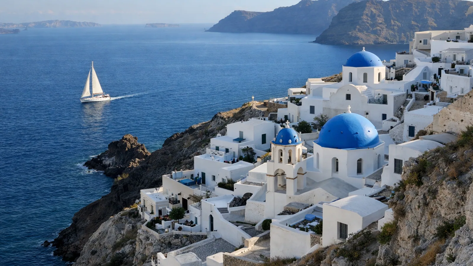 Village blanc d'une île grecque dominant la mer Égée