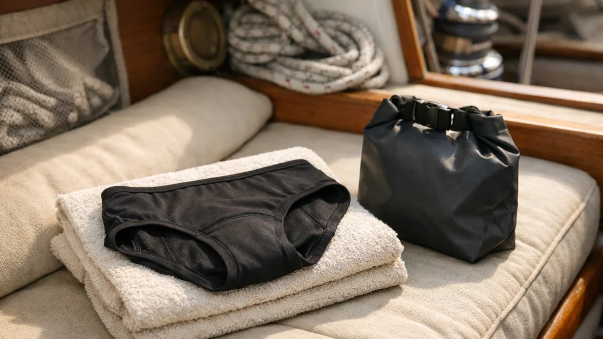 Maillot menstruel et nécessaire de rinçage dans une cabine de voilier
