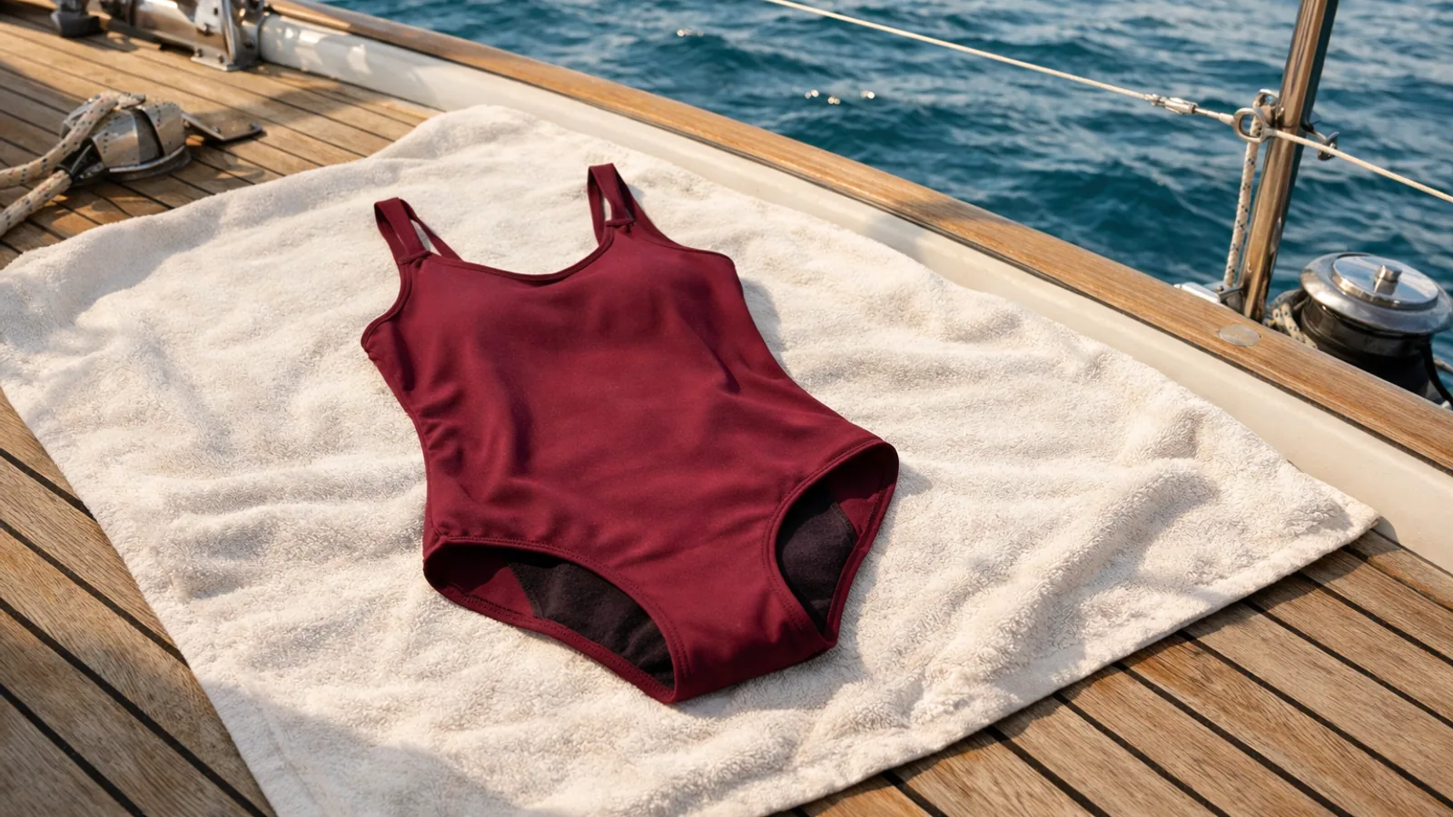 Maillot de bain menstruel posé sur le pont d'un voilier